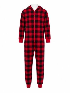 Size 8 Gap Kids Buffalo Plaid One Piece Pajamas Red Black Hooded Sleepwear